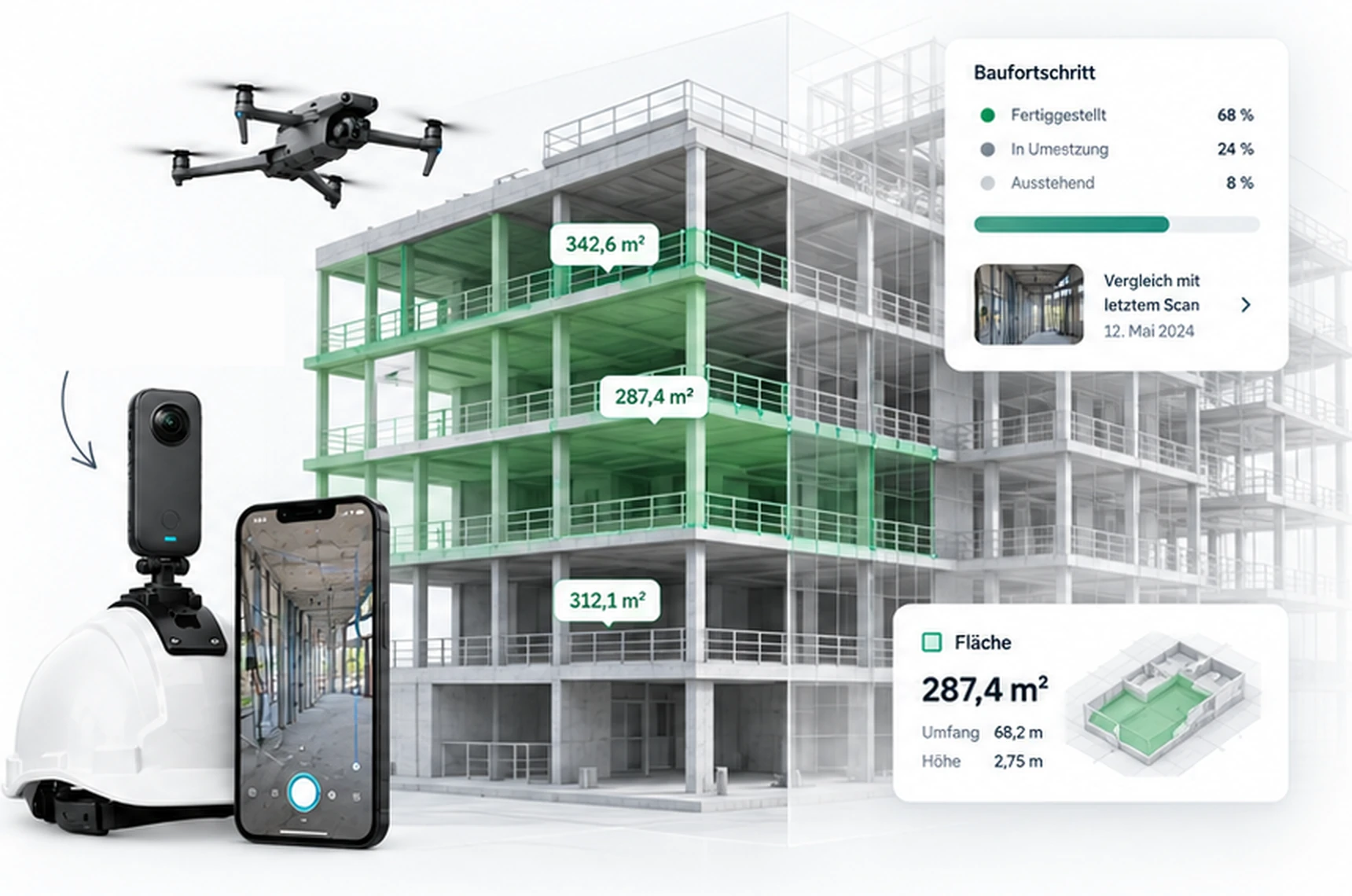 Dron, cámara de 360° en el casco y teléfono frente a un edificio en construcción con superficies detectadas