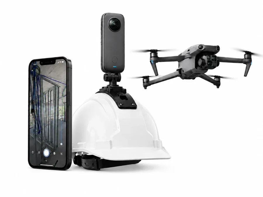 Teléfono, cámara de 360° en el casco y dron para capturar la obra