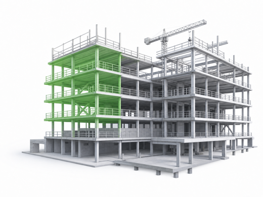 Comparación 3D del edificio con el progreso realizado resaltado